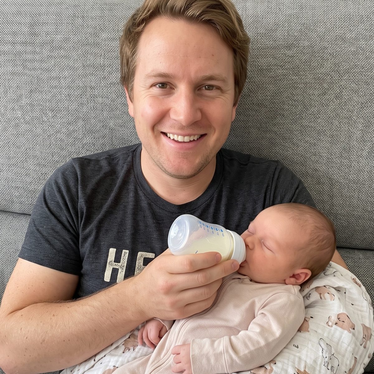 Dad bottle-feeding the newborn on the couch