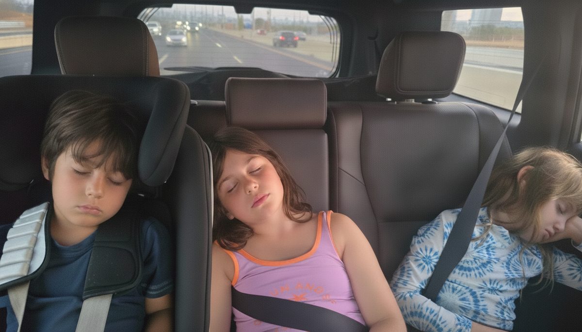 Three kids asleep in the back seat after a long day